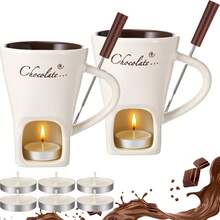 1pc Ceramic Cheese Fondue Set, Chocolate Melting Pot, Chocolate Fondue Set, Chocolate Warmer, Chocolate Melting Oven, Chocolate Melting Cup, Chocolate Cheese Fondue Set With Forks, Essential For Cooking And Dining, Ideal For Family Gatherings, Birthdays And Weddings - Multicolor - View 2