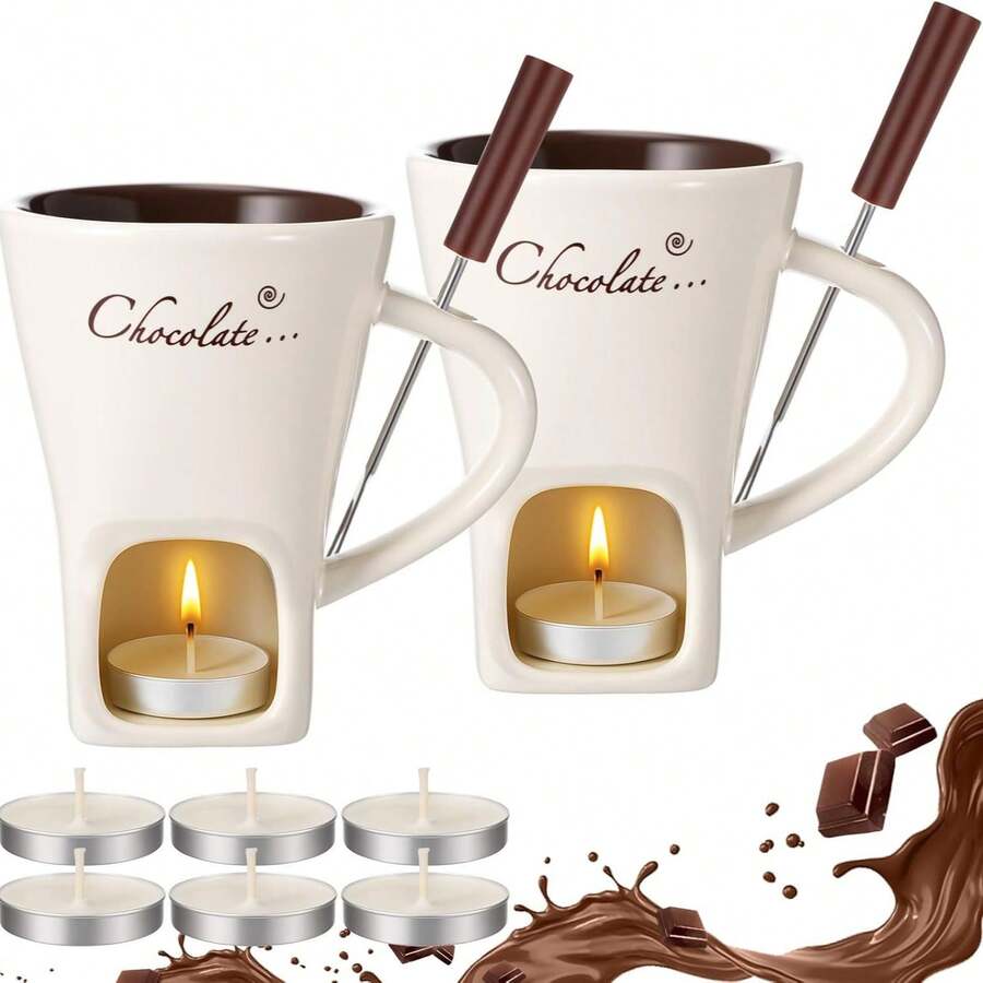 1pc Ceramic Cheese Fondue Set, Chocolate Melting Pot, Chocolate Fondue Set, Chocolate Warmer, Chocolate Melting Oven, Chocolate Melting Cup, Chocolate Cheese Fondue Set With Forks, Essential For Cooking And Dining, Ideal For Family Gatherings, Birthdays And Weddings