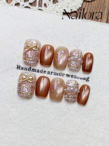 10pcs Handmade Nails Square Nails Press On Nails Short, Gentle Orange,Pink Nails Gradient, Flashy Cateye, Polka Dots Irregular Lines Gold Foil Nail Charms 3D Bow Pearl Inlaid, Simple Elegant Luxury Autumn Nails - Multicolor - View 2