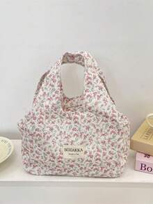 1 Piece Cute Flower Lunch Bag Large Capacity Canvas Lunch Box Bag Fashionable Checkerboard Pattern Tote Bag Camping Food Storage Bag Portable Shopping Handbag No-Closure Lunch Bento Bag School Lunch Box Storage Bag Small Commute Tote Bag Cosmetics Outing Essentials Small Items Organizer Bag Girly Bento Bag - Multicolor - View 18