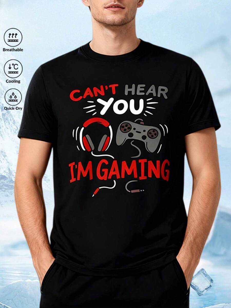 1pc Men's Summer Gamer Graphic Print Short Sleeve T-Shirt, Funny Game Controller & Headphone Casual Tee