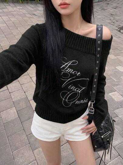 Rikumo 女士针织毛衣，新款韩版秋冬款，不对称斜肩长袖上衣，宽松慵懒针织衫，黑色圣诞新年显瘦弹力上衣