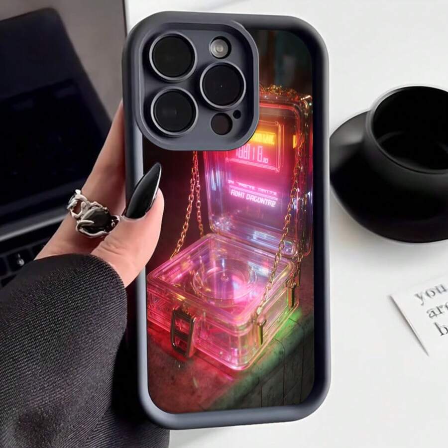 Cubierta de teléfono con borde negro diseño caja luminosa neón rojo y rosa con cadena y texto en inglés para uso diario y estilo urbano - Blanco - Ver 1