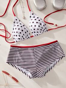 3pcs Women Swimsuit Bikini Set, Retro Brown Polka Dot Striped Beach Outfit, Swim Shorts/Cover Up/Birthday Outfit/Casual/Y2K/2000s/Y2K Style/Elegant/Old Money/Streetwear/Holiday - Multicolor - View 10