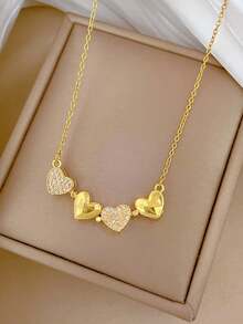 1件心形不锈钢项链，铜质全水晶项链，女士日常百搭项链，情侣礼物首饰，情人节礼物 - 金色 - 查看 5
