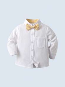 BOARNSEORL 2pcs Young Boys Gentleman Outfit - White Long Sleeve Shirt With Bow Tie And Khaki Suspender Pants, Fashionable, Elegant, Suitable For Birthday Party, Formal Occasion, Wedding, Holiday - Yellow - View 7