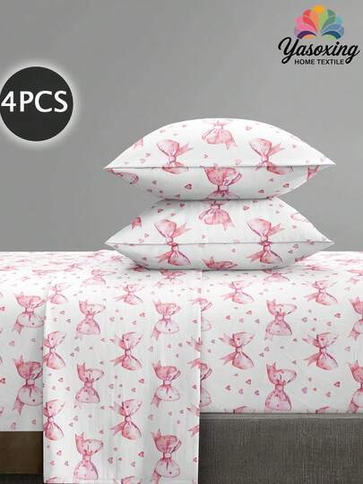 4pcs/Set Pink Bow Tie Cute Pattern Sheet Set Easy Care Microfiber Soft Bedding Set Floral Fitted Sheet Set (1pc Flat Sheet+1pc Fitted Sheet+2pcs Pillowcases)Fitted Sheet Set King Queen Full TWIN SIZE Sheet Deep Pocket Up To 11.8 Inch Pillowcase, Soft Breathable Wrinkle-Free Better For Sleep, Luxury Hotel Style, Sweet Girl Style, Gift For Mom Dad Friend