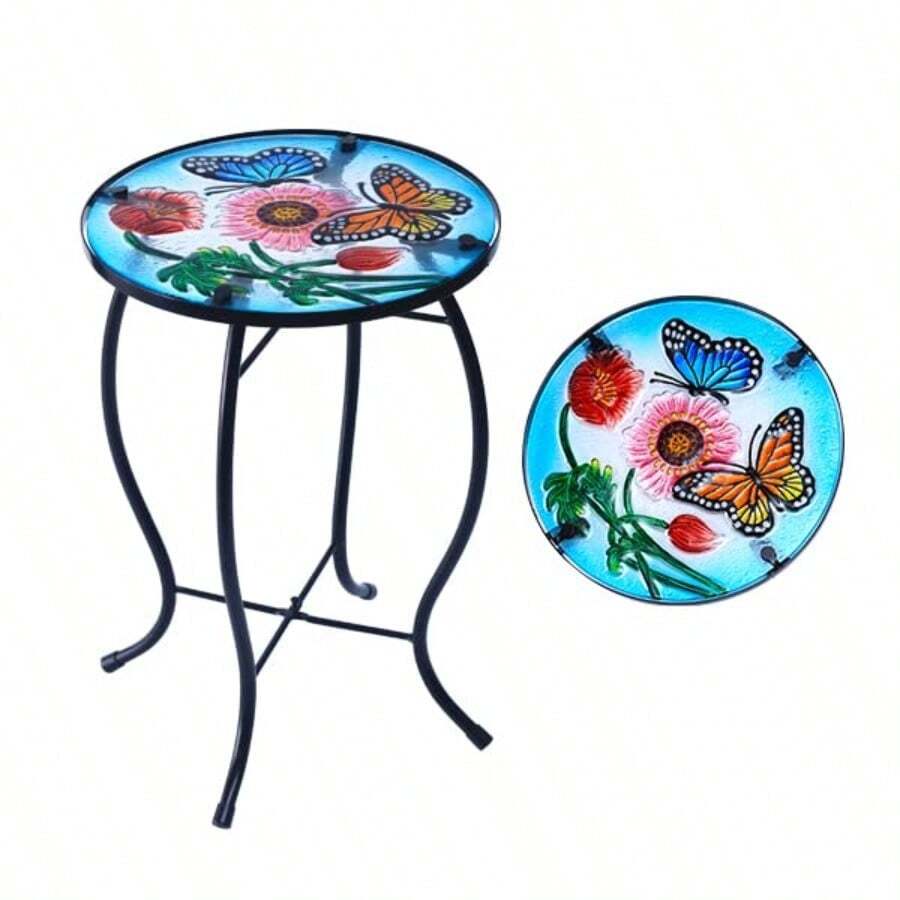 Mesa auxiliar redonda de vidrio mariposa de 13.5 pulgadas mesa pequeña de patio mesa auxiliar al aire última intervensión mesa de bar al aire última intervensión mesa auxiliar de vidrio de - Mariposade135pulgadas - Ver 1