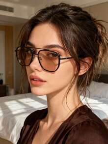 1副新款时尚欧美复古方形镜框眼镜 高端休闲女款 - 黑框茶粉片 - 查看 2