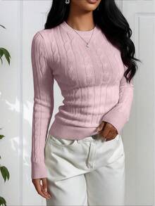 Yuwenier Casual Lightweight Round Neck Long Sleeve Fitted Cropped Cable Knit Sweater, Basic Pullover For Women, Autumn/Winter - Pink - View 1