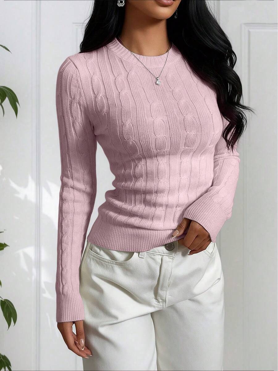 Yuwenier Casual Lightweight Round Neck Long Sleeve Fitted Cropped Cable Knit Sweater, Basic Pullover For Women, Autumn/Winter - Pink - View 1