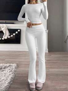 Women's Casual Round Neck Long Sleeve T-Shirt And Pants Set, Versatile For Spring - White - View 2