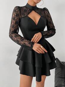 Vestido de moda elegante con encaje, parches y volantes en el bajo, ideal para bailes de graduación - Negro - Ver 7