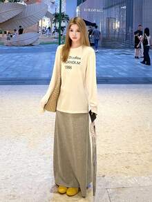 Y6Y Korean Style Loose Fit Gray Long Skirt, 2025 New Casual Relaxed Retro Skirt