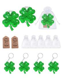 Double-Deck Four Leaf Clover Lucky Clover Sequin Keychain Set, With Keychains, Hank You Tags And Gift Bags, For St Patricks Party Favor, Birthday, Babies Shower, Wedding, Clovers Party Favors