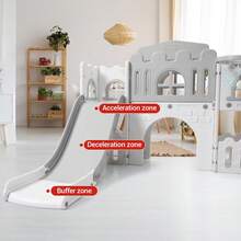 Tobogán 8 en 1 con aro de baloncesto, telescopio, volante, túnel, pelota y espacio de almacenamiento. Ideal para patio, interior y exterior. - Blanco - Ver 2