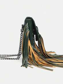 Fringed Boho Style Shoulder Crossbody Bag, Retro Fashion Street Punk Phone Pouch, Suitable For Daily Use - Army Green - View 5