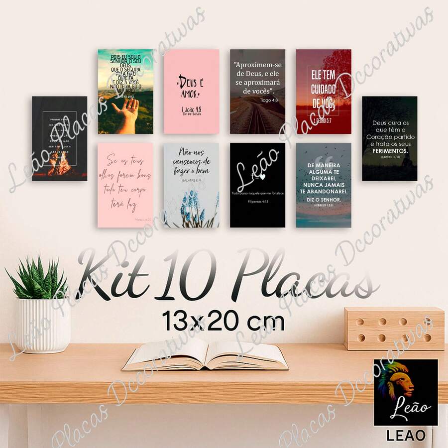 Quadros de decoração Frases Motivacionais Versículos Bíblicos - Fé Amor Biblia Sagrada - Kit 10 Placa MDF 13x20cm - Preto - Visão 1