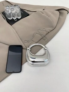 时尚金属色圆形晚宴包，圆形月牙形派对手提包，多功能肩背斜挎手拿包 - 銀色 - 查看 8