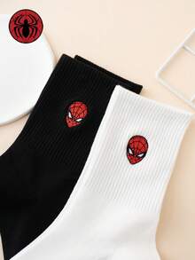 Marvel 2 Pairs Men's Embroidered Spider-Man Cartoon Pattern Funny Socks, Sports Socks, Suitable For All Seasons, European Size, Comfortable And Breathable, Durable, Colorful, Suitable For Daily Wear, Quality Fabric, Won't Cause Foot Discomfort. - Black and White - View 4