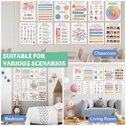 12pcs/Set Mental Health Poster Set, Inspirational Decorative Paintings, Suitable For Preschool Classroom Calm Corner, Children's Emotion Regulation Posters, Help Children Explore And Manage Emotions, Cope With Anxiety And Stress, Create Self-Expression Space, Promote Positive Psychology And Overall Mental Wellness, Suitable For Infants And Toddlers.