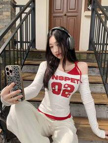 Asymmetric Contrast Color Block Long Sleeve T-Shirt, Sweet & Sexy Girl Print Fitted Tee For Women, Spring/Summer White - White - View 9