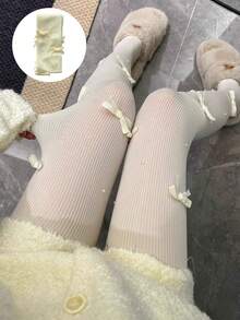 1条秋冬天鹅绒蝴蝶结薄纱连裤袜，百搭；JK风格可爱甜美洛丽塔珍珠连裤袜；芭蕾舞灵感竖条纹不透明打底裤，显瘦