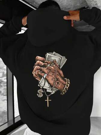 1 st Unisex Plus Size Vintage Street Style Hoodie, Svart, Tjockt fleecefoder, Kreativt engelskt tryck, Fritidskläder, Höst/Vinter