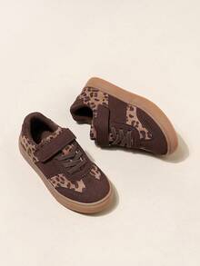 1双复古豹纹女童运动鞋，低帮，魔术贴搭扣，TPR鞋底，织物内衬，圆头 - 适合日常穿着和户外活动 - 卡其色 - 查看 2