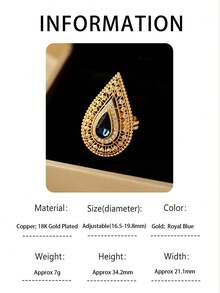 1 件复古奢华红蓝梨形切割方晶锆石宽面女士戒指，镀金镂空指环，适合派对、宴会、婚礼、节日装饰，设计精致的优雅配饰，高贵的珠宝礼物