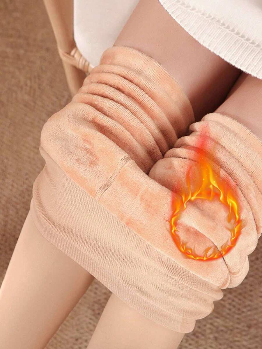 1 Pair Ladies Thick Thermal Lined Tights, Stirrup Leggings For Fall & Winter High Waist Thick Wool Pant - Beige - View 1