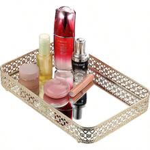 Perfume Tray Mirror Tray Makeup Vanity Tray Hollow-Carved Jewelry Tray Glass Metal Trinket Storage Tray Home Organizer Decorative Tray For For Dresser Bathroom CountertopGold Medium Size - GoldSilver - View 8