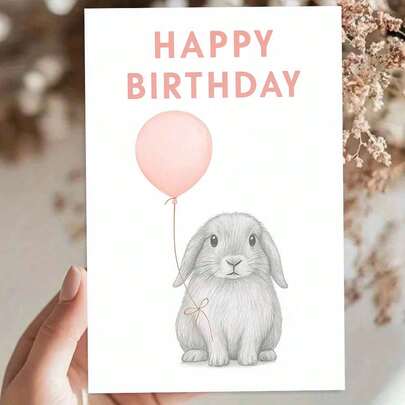 "1pc Adorable 'HAPPY BIRTHDAY' Greeting Card With Envelope (11cm16cm&4.33in6.29in) - Bunny & Pink Balloon Design, Perfect For A Cute Birthday Wish, Greeting Card|Happy Birthday Bunny Pink Balloon Card|Paper Greeting Card"
