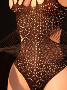 1pc Women's Sexy Lingerie Fishnet Bodysuit, Sheer Sleeveless Bodycon Dress, Sexy Hollow Out Bikini Cover Up, Sexy Party Costume For Valentine's Day - Black - View 5