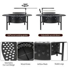 Outdoor Fire Pit Table With Grill & Side Shelf – 3-In-1 Fire Pit For Warmth, BBQ & Dining – Heavy-Duty Metal Fire Pit For Patio, Backyard, Garden Gatherings - 黑色 - 查看 5
