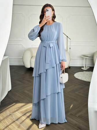 Vestido de mujer de unicolor con cuello redondo, manga farol, volantes multicapa en el bajo, vestido de gasa elegante para fiesta, playa, vacaciones, boda, cumpleaños, San Valentín, en color azul