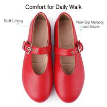 Ballet Flats For Women Round Toe Mary Jane Flats Buckle Strap Slip On Faux Leather Comfortable Casual Dressy Shoes - 紅色 - 查看 6
