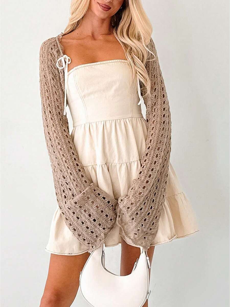 Womens Y2K Bell Long Sleeve Open Front Crochet Knit Crop Bolero Shrug Cardigan Tops For Dress Summer Holiday Swimsuit Bikini Cover Ups - 卡其色 - 查看 1