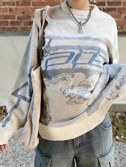 女士时尚休闲街头风 Y2K 秋冬保暖毛衣，柔软亲肤，撞色人像图案圆领长袖针织套头衫，女士秋季服装，女士冬季服装，秋季上衣，职场/办公室，商务休闲女装