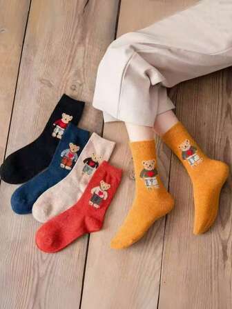 4 Pairs Women's Cartoon Bear & Sheep Wool Blend Thickened Mid-Calf Socks, Sweet & Crew Socks, Random Assortment