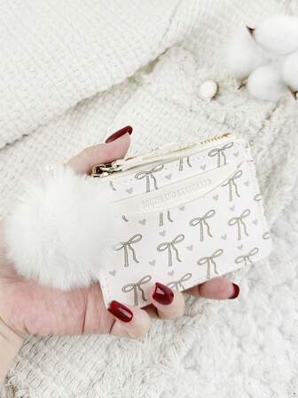 With A Pom-Pom Charm,Bow Love Pattern Zipper Small Wallet Coin Pocket Small Purse Bifold Slim Women Wallet MiniThin,Lightweight,Multi Layer Portable,ID Card,Money Credit Card Minimalist,Fashion,Modern,Business,For Anniversary,For Birthday Gift,For Gift,For Girls,For Lady,For Female,Bag School Supplies For School Dorm Room & Back To School