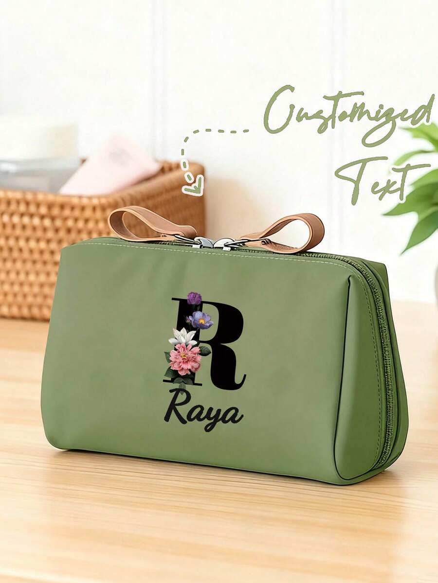 1pc Personalized Makeup Bag, Custom Name/Text Cosmetic & Toiletry Bag, Custom Initials & Name, Elegant Green Floral Cosmetic Organizer With Double Zipper Closure, Spacious Makeup Case For Women & Men, Travel-Friendly Toiletry Bag With Interior Compartments - Multicolor - View 1
