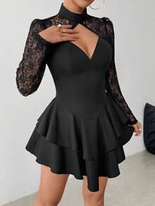 Vestido de moda elegante con encaje, parches y volantes en el bajo, ideal para bailes de graduación - Negro - Ver 4