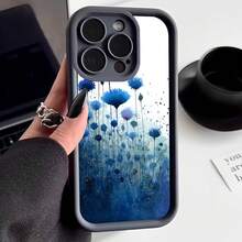 Funda para iPhone con borde negro diseño floral azul con flores y salpicaduras de pintura estilo acuarela para uso diario y protección elegante - Negro - Ver 2