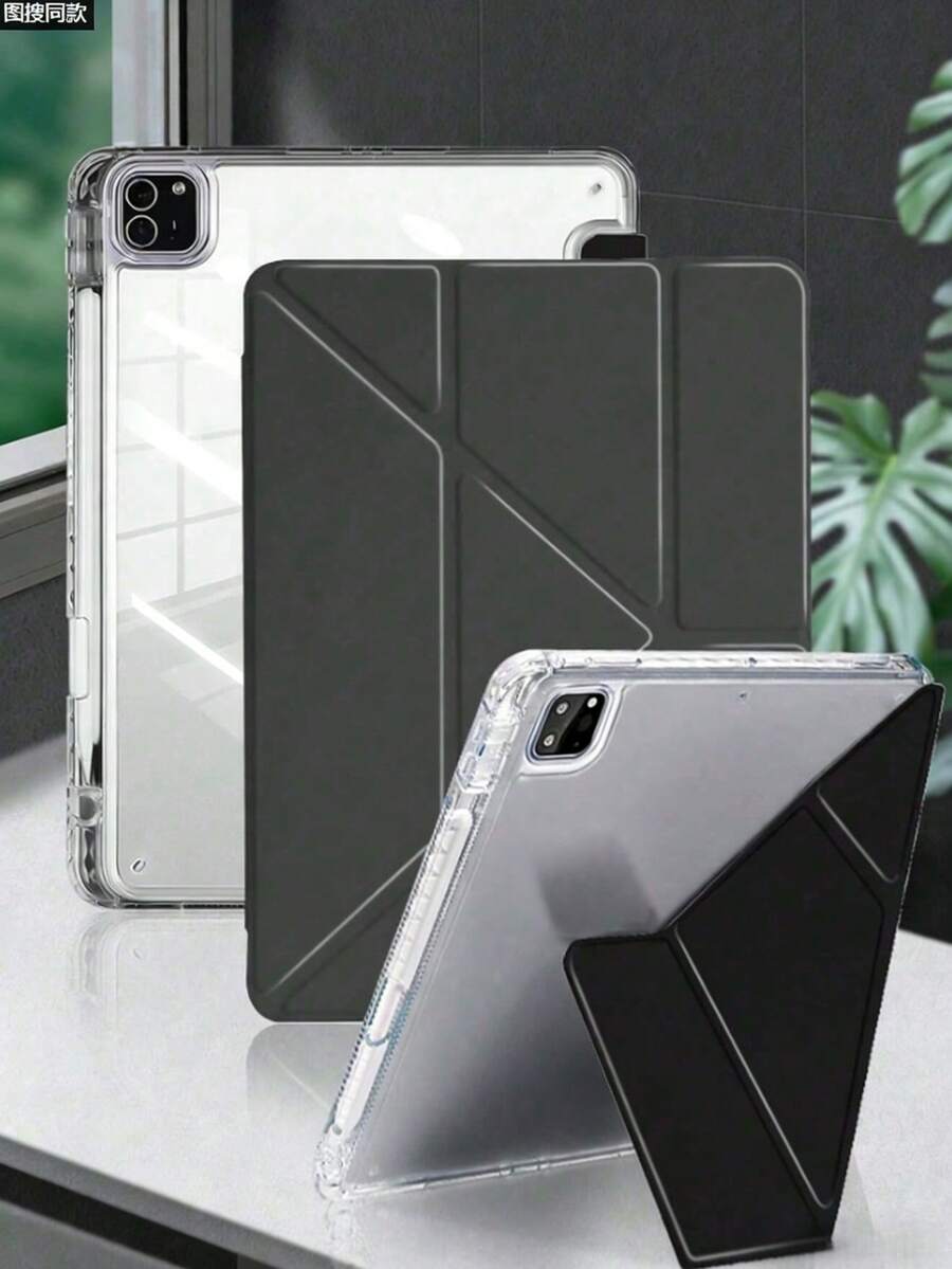 1pc Transparent Acrylic Y-Fold Flat Protective Case, Black, Multi-Fold Multi-Angle Stand, Built-In Pencil Slot, High-Transparency Acrylic Rear Shell Anti-Scratch Anti-Bend, Magnetic Auto Sleep/Wake Smart Power Saving, Flip Protective Case With Pencil Slot, Compatible With Ipad Mini6/Mini7/9.7/10.2/10.5/Air4/Air5/10th/10.9/Pro11/Air11(M2)/Air13(M2)/Pro11(M4)/Pro13(M4) 2024 12.9inch - Black - View 1