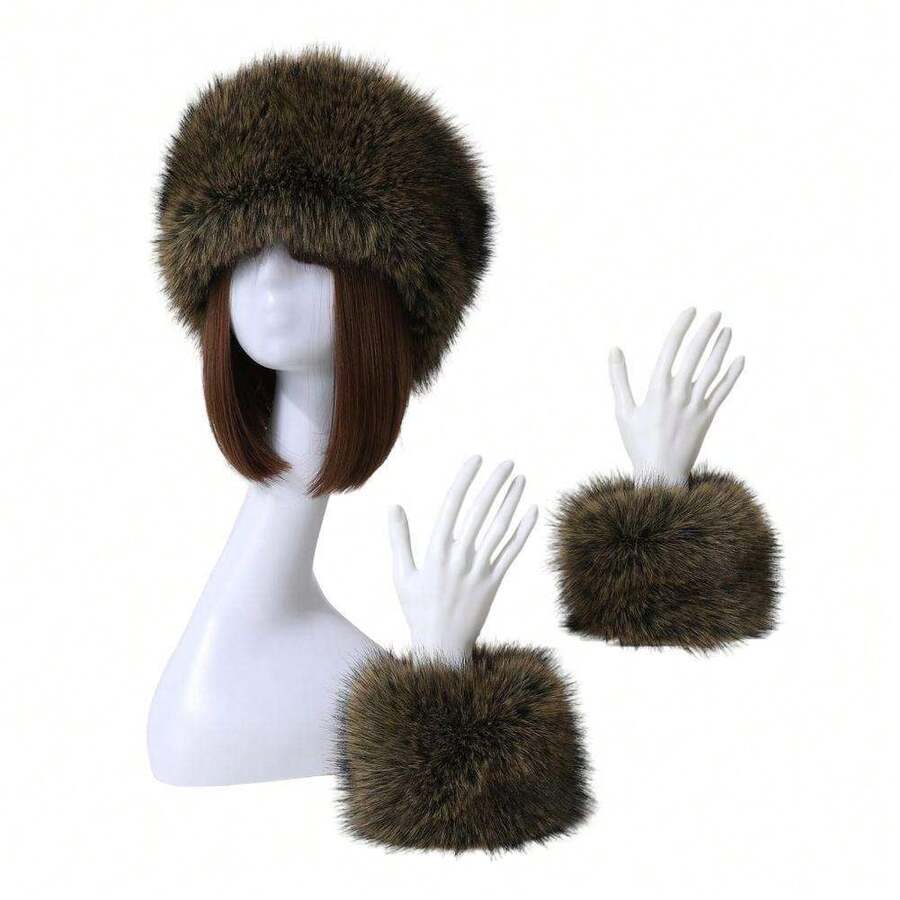 Winter Hat Wrist Warmers Women's Cozy Winter Outfit Accessories Faux Fur Hat Sleeves Set Solid Color Fluffy Hat With Warm Cuffs - Coffee - 查看 1