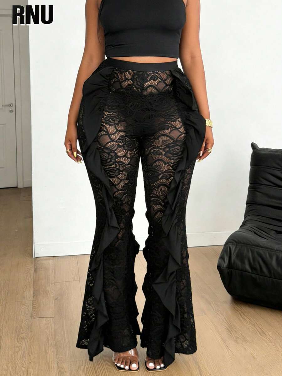RNU 大码女式蕾丝拼接阔腿裤，百搭镂空蕾丝荷叶边裤脚设计，适合高端音乐节、圣诞节、通勤、日常休闲、春夏、返校季、外出、约会、派对等各种场合，时尚百搭。 - 黑色 - 查看 1