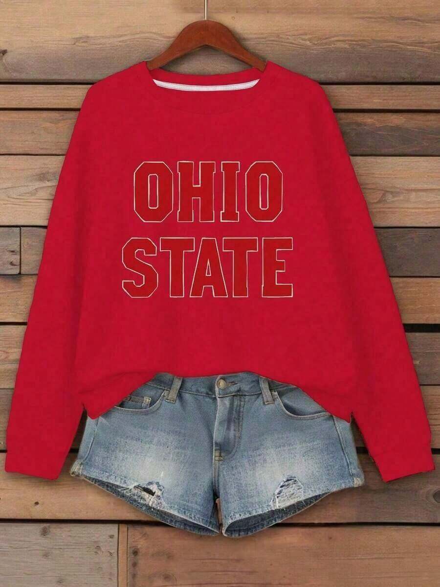 2026TC Christmas Outfit Women Women's Ohio State Collegiate Sweatshirt - Pink With Red Lettering, Geometric Block Letter Design, Long Sleeve Casual Pullover, Machine Washable Autumn Winter Apparel, Winter Clothing |       Crew Neck | Long Sleeve TopWomen's Crew Neck Sweatshirt, New Autumn/Winter Arrival For Everyday Casual WearLoose And Comfortablelong Sleeve Tops Women Thanksgiving Outfit Women Round Neck Short Sleeve Knit Polyester Tee, Fashionable ForDaily Wear- Loose 100% Cotton T-Shirt - [紅色的] - 查看 1