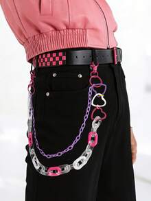 1 pieza Cinturón de cuero con diseño de tablero de ajedrez y decoración de cadena con forma de corazón de metal, adecuado para jeans, accesorio de moda vintage para uso casual y cosplay, unisex - Rosa Fucsia - Ver 11