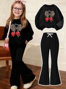 Young Girl Cherry Print Crew Neck Sweatshirt And Black Flare Pants Set